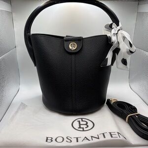 Bostanten Black Pebbled Leather Hobo Bucket Bag with Scarf Accent